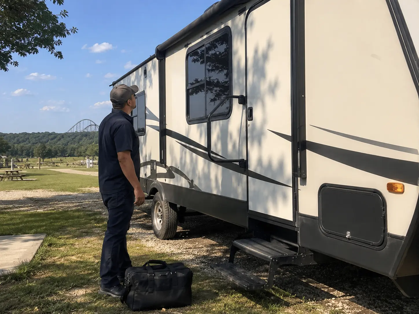 Mobile RV repair technician servicing travel trailer at campground in Cincinnati OH near Kings Island