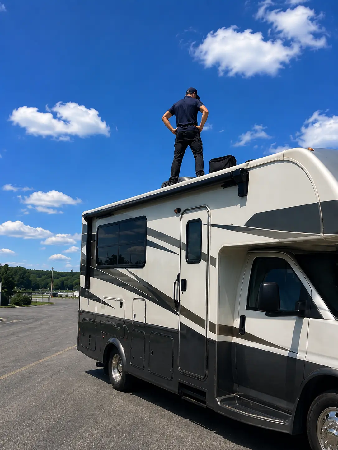 Mobile RV repair technician sealing roof leak at storage facility in Florence KY near I-75 and Turfway Road