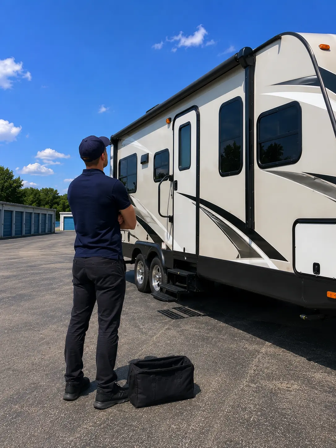 Mobile RV repair technician fixing electrical system at storage facility in Hamilton OH near US-127