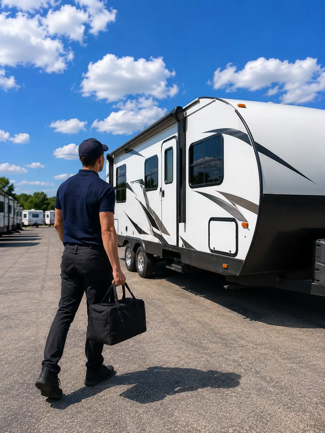 Mobile RV repair technician servicing travel trailer at RV storage facility in Mason OH near I-75 and Kings Island