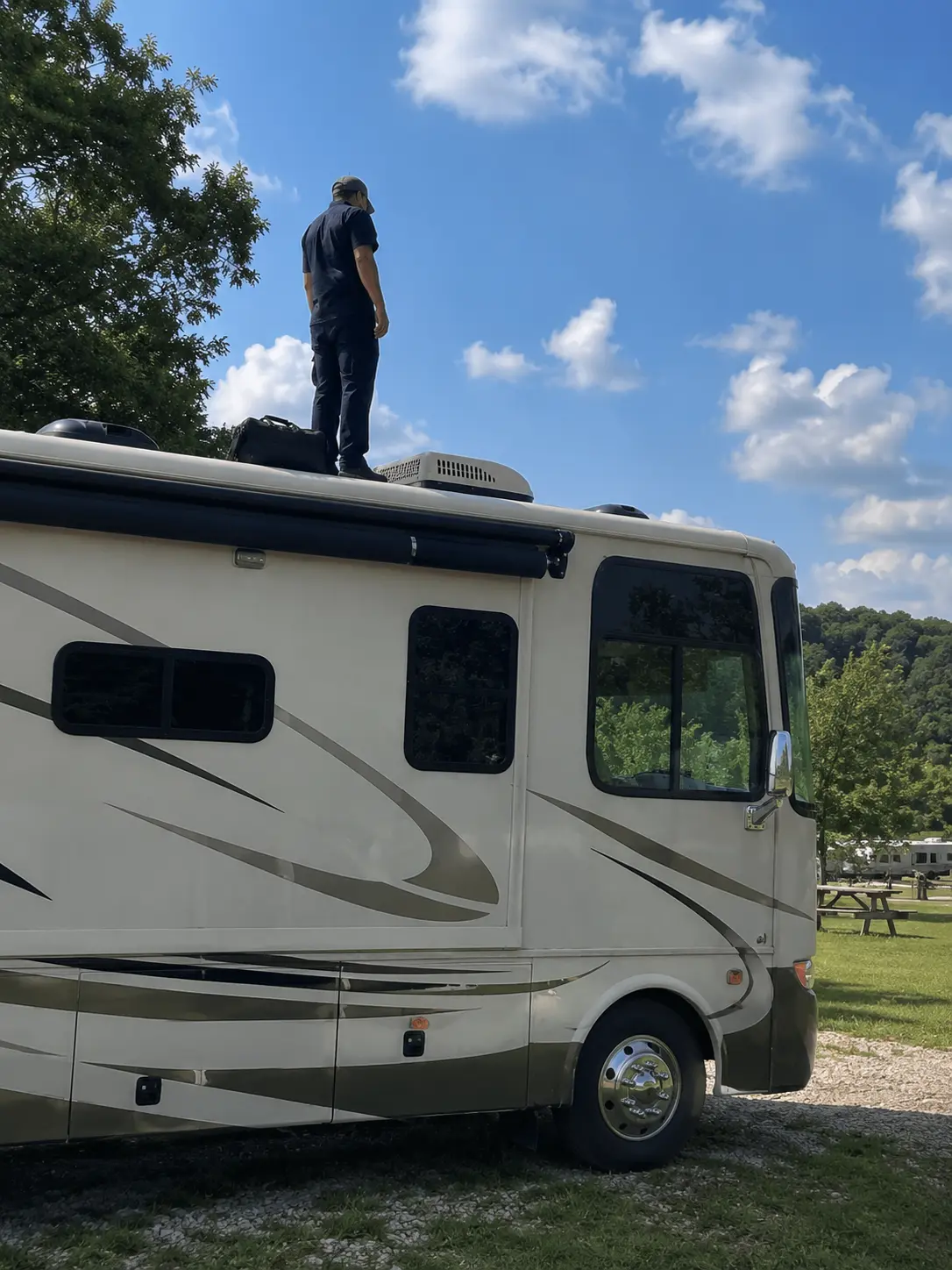 RV AC repair technician servicing Dometic rooftop unit at campground in Cincinnati OH near Kings Island