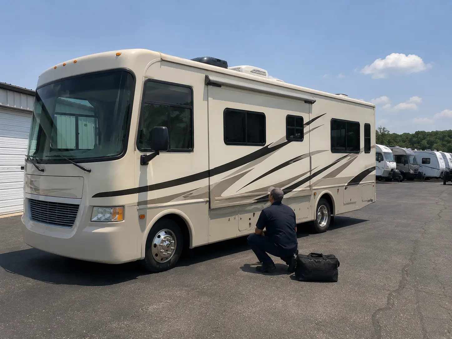 Mobile RV technician replacing capacitor on Coleman-Mach AC unit at storage facility in Cincinnati Ohio