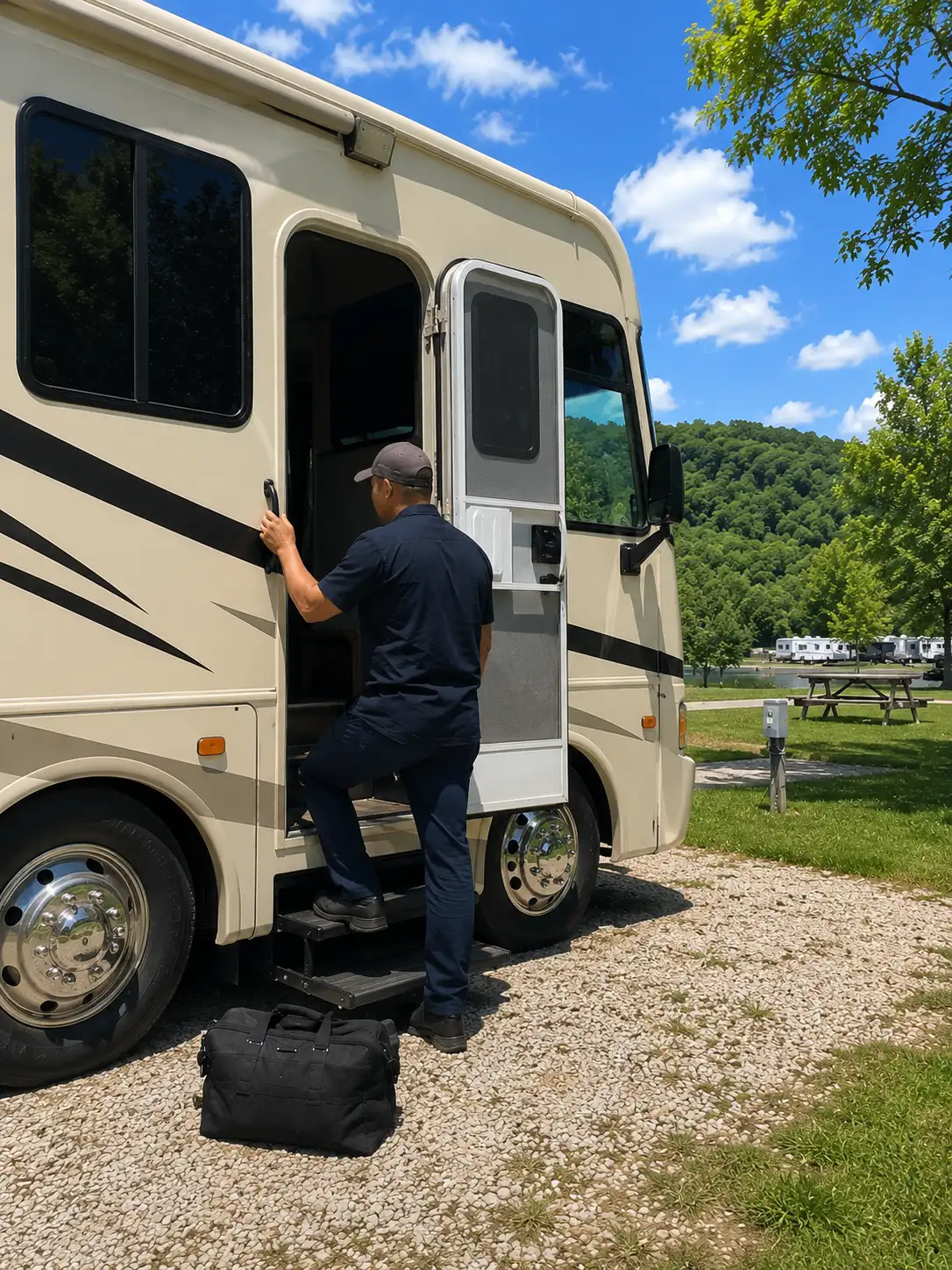 RV appliance repair technician servicing Dometic refrigerator at campground in Cincinnati OH near Kings Island