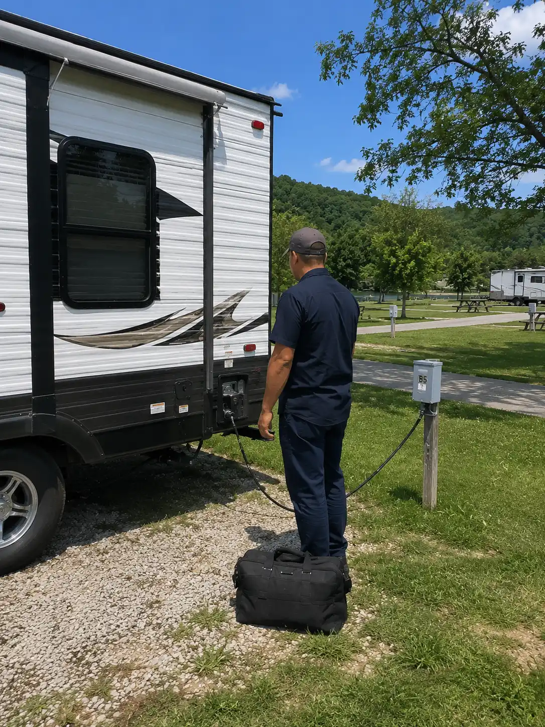 RV electrical repair technician diagnosing wiring fault at campground in Cincinnati OH near I-71