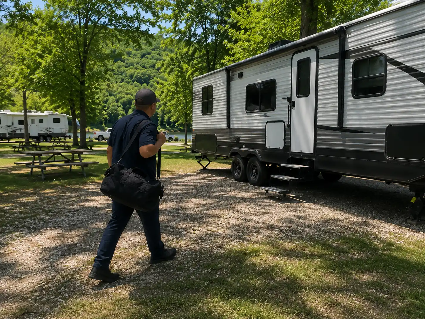 Mobile RV technician repairing water pump and plumbing lines at campground in Cincinnati Ohio near I-275