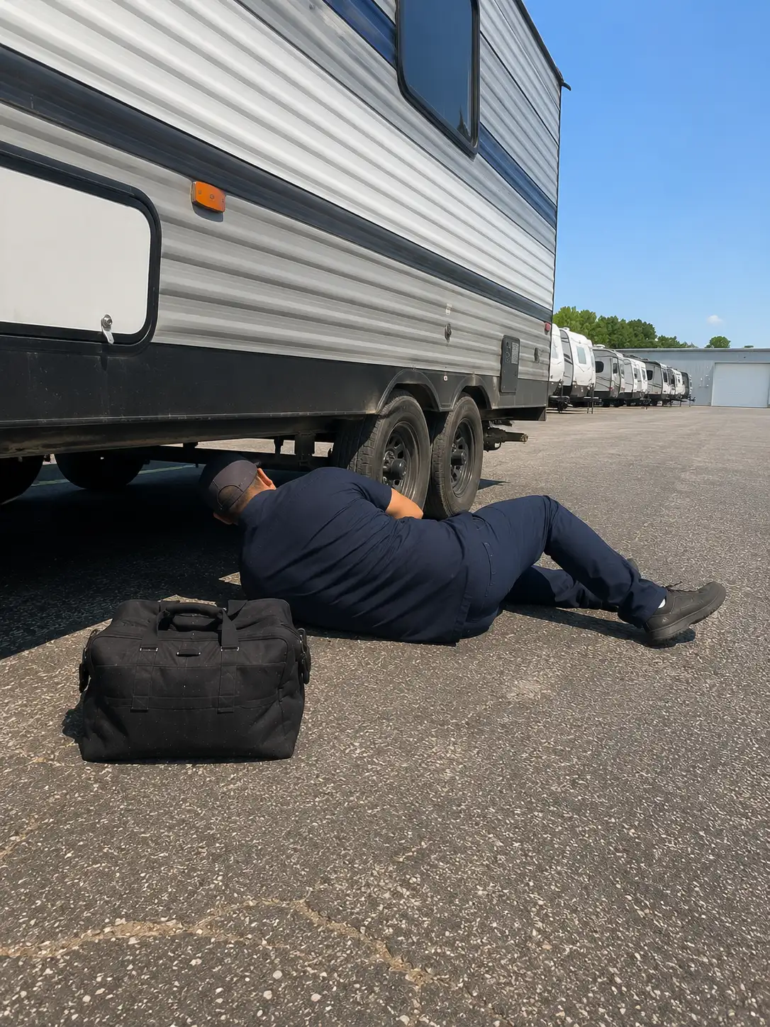 RV plumbing repair technician fixing water leak under travel trailer at storage facility in Cincinnati OH