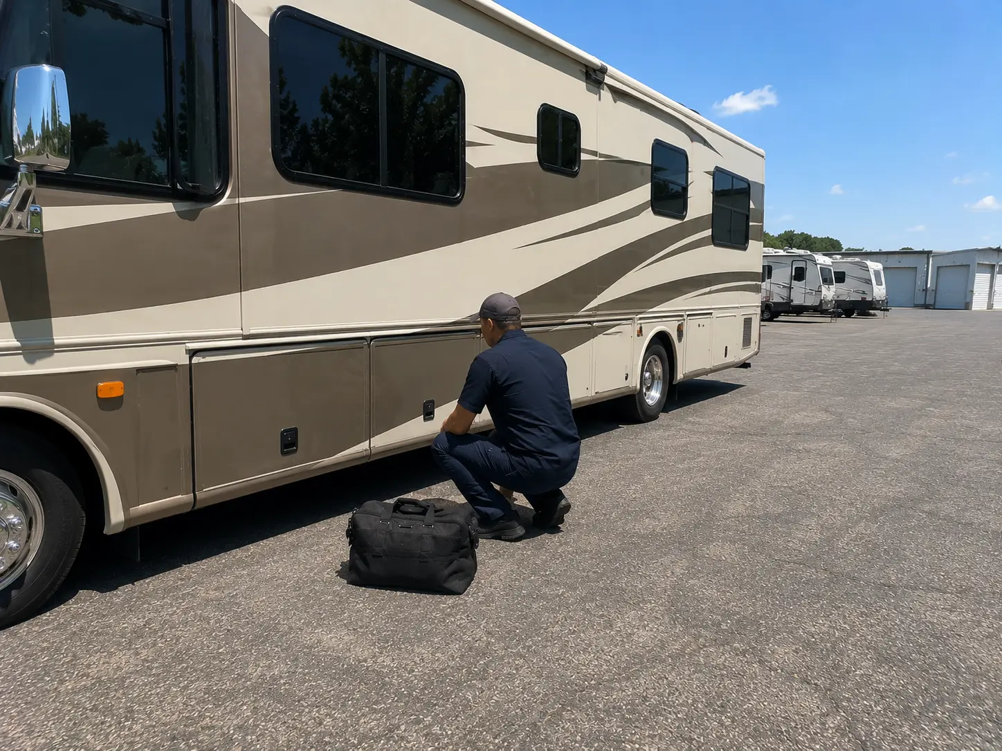 Mobile RV technician diagnosing Norcold fridge and Suburban furnace at storage facility in Cincinnati Ohio