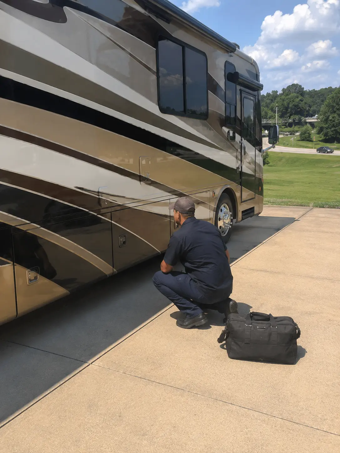 On-site RV mechanic in Cincinnati OH repairing motorhome electrical system near I-75