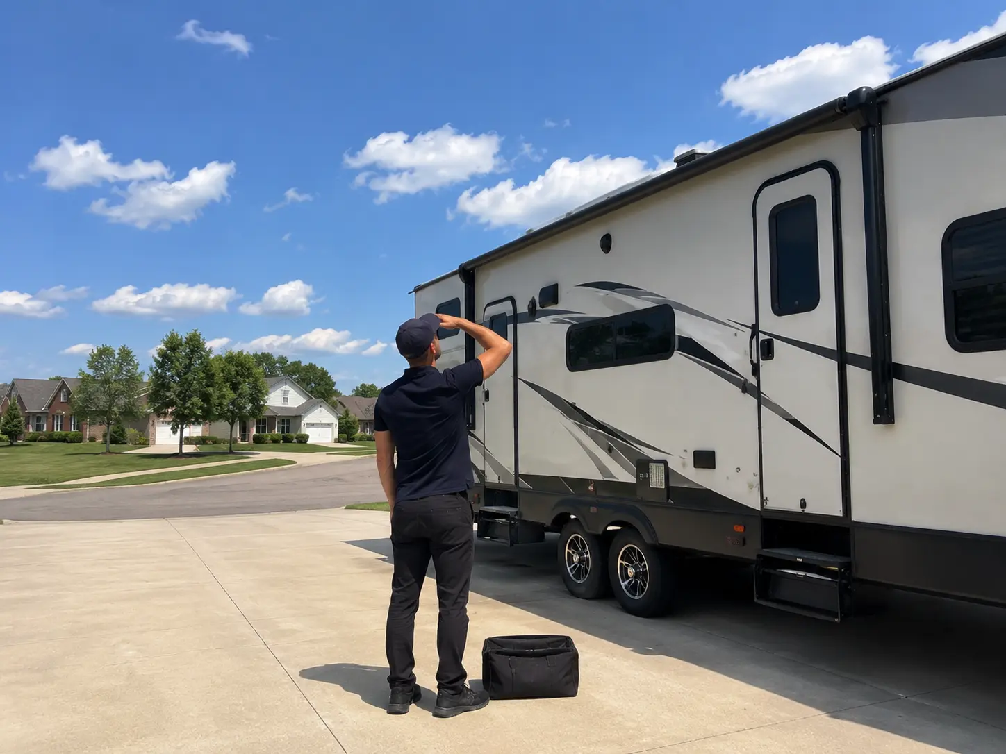 Mobile RV technician sealing roof vent and lap joint on travel trailer at campground in Cincinnati Ohio