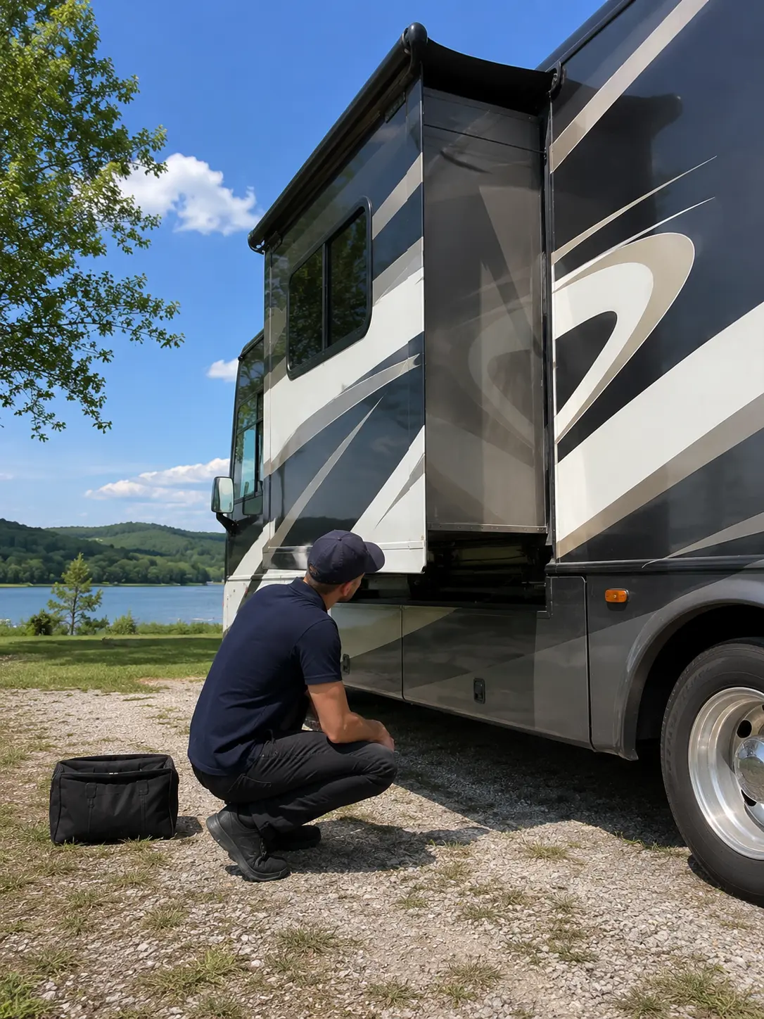 RV slide-out repair technician fixing stuck Lippert slide mechanism at campground in Cincinnati OH