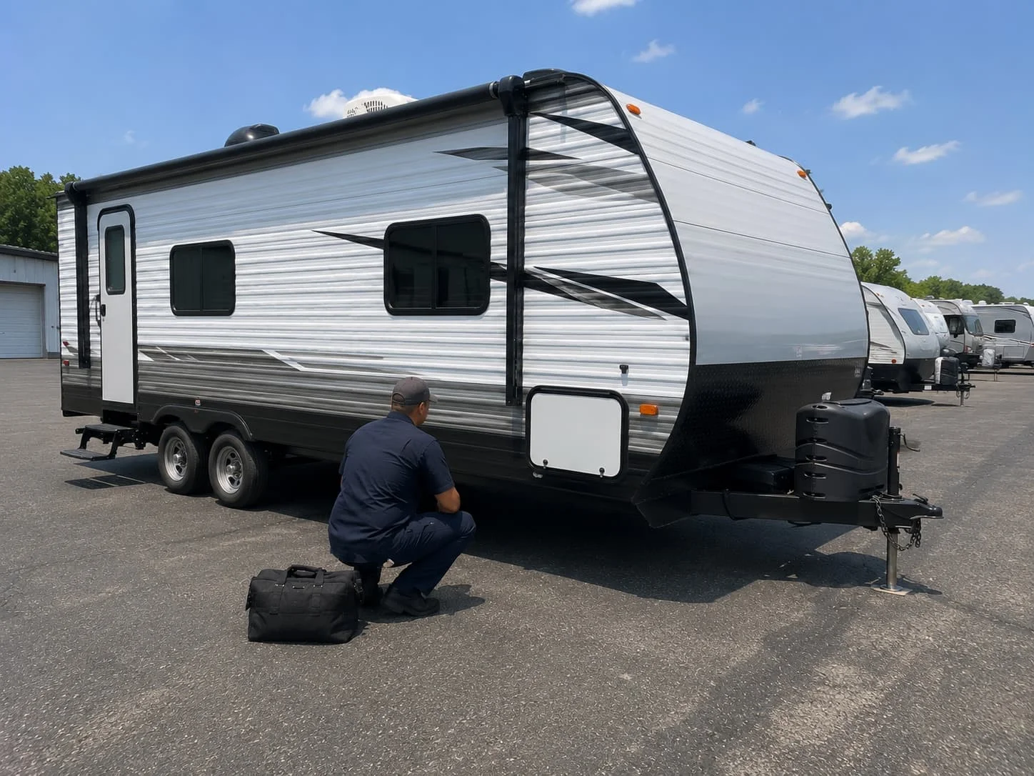 Mobile RV electrician troubleshooting battery and inverter system at storage facility in Cincinnati Ohio